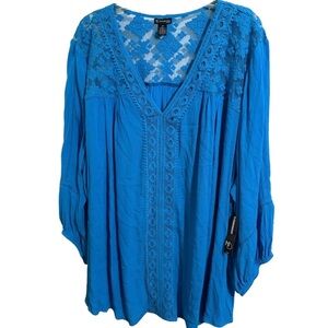 New Directions 3x Women’s Vibrant V Neck Blue Crochet Blouse cottagecore